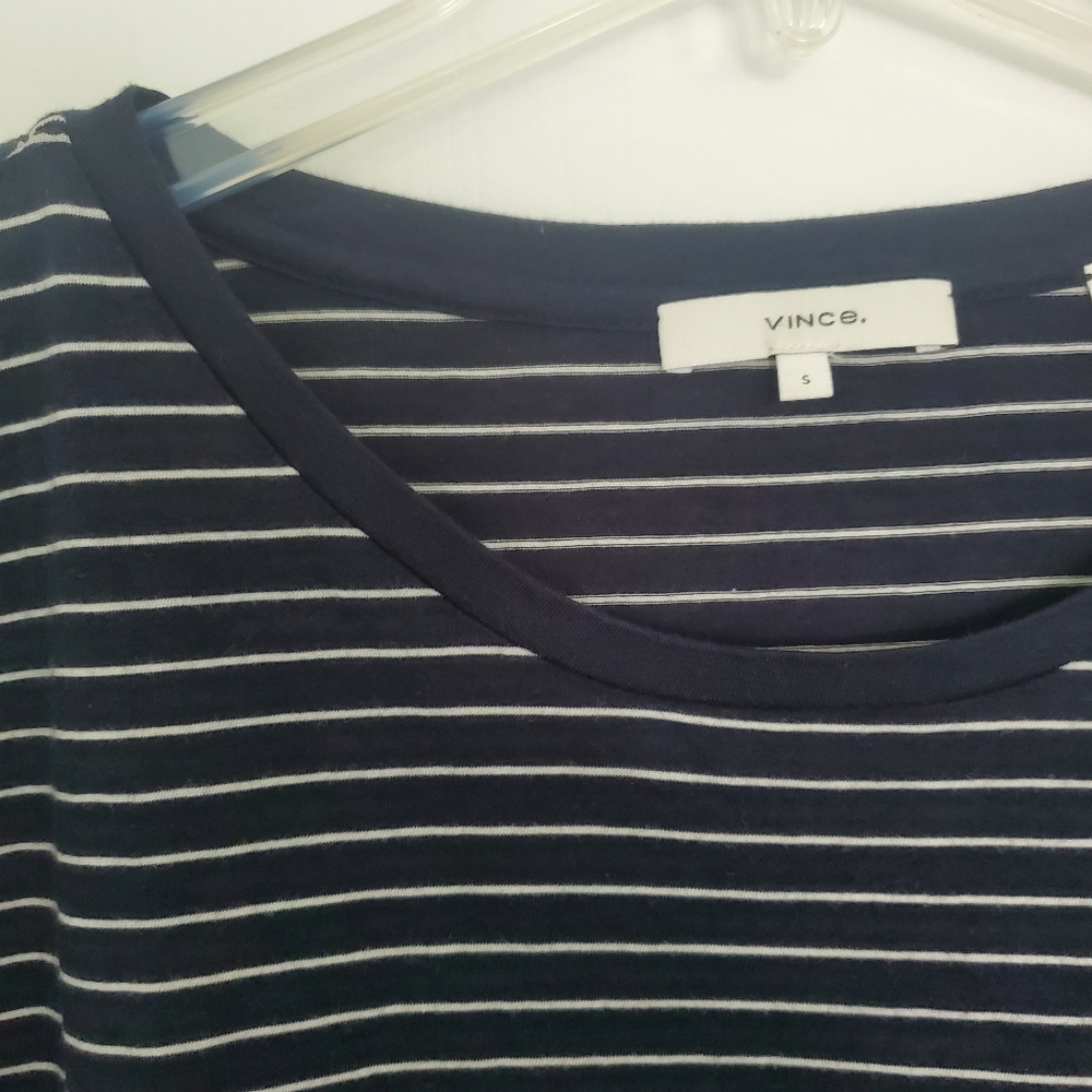 Vince Navy Blue Cotton Knit Striped Crew Neck Boxy Cut Long Sleeve T-Shirt S - Picture 3 of 12